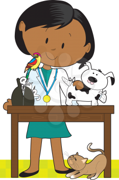 Royalty Free Clipart Image of a Veterinarian With Animals