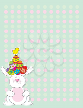 Royalty Free Clipart Image of a Bunny in the Corner With Eggs and a Chick