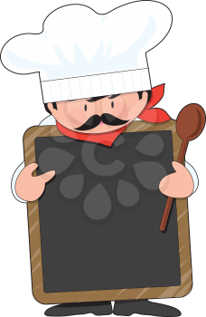 Royalty Free Clipart Image of a Chef With a Chalkboard and Wooden Spoon