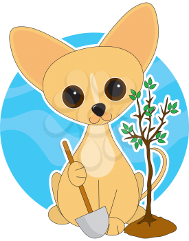 Royalty Free Clipart Image of a Chihuahua Planting a Tree