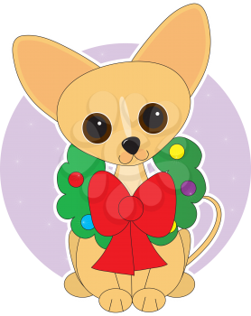 Royalty Free Clipart Image of a Chihuahua With a Christmas Wreath Around Its Neck