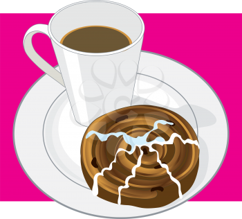 Royalty Free Clipart Image of Coffee and a Cinnamon Bun