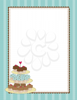 Royalty Free Clipart Image of a Striped Border With a Tiered Tray of Cupcakes
