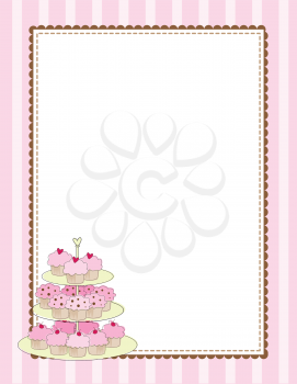 Royalty Free Clipart Image of a Striped Border With a Tiered Tray of Cupcakes