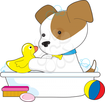 Royalty Free Clipart Image of a Dog in a Tub With a Rubber Ducky
