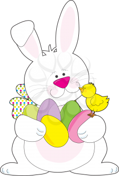 Royalty Free Clipart Image of an Easter Bunny Holding Eggs and a Baby Chick
