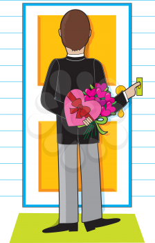 Royalty Free Clipart Image of a Man at the Door With Flowers and Candy