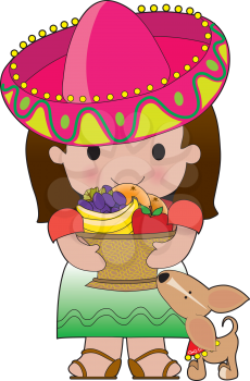 Royalty Free Clipart Image of a Mexican Girl With a Basket of Fruit