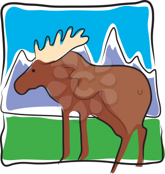 Royalty Free Clipart Image of a Moose on a Mountainous Landscape