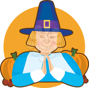 Royalty Free Clipart Image of a Praying Piilgrim With Pumpkins