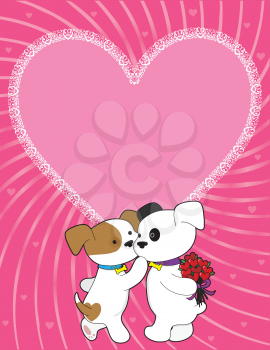 Royalty Free Clipart Image of a Puppy Giving His Sweetheart Some Flowers