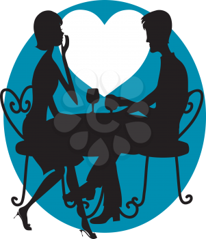 Royalty Free Clipart Image of a Silhouetted Couple Having Wine With a Heart-Shaped Moon