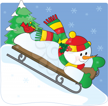 Royalty Free Clipart Image of a Snowman Sledding Downhill