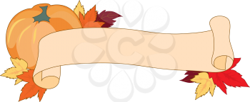 Royalty Free Clipart Image of a Banner With a Pumpkin and Autumn Leaves
