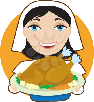 Royalty Free Clipart Image of a Pilgrim Woman Holding a Platter