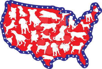 Royalty Free Clipart Image of a Map of the United States With Dog Breed Silhouettes