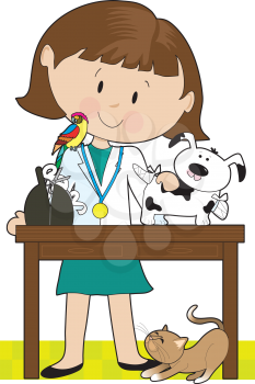 Royalty Free Clipart Image of a Female Vet With Animals