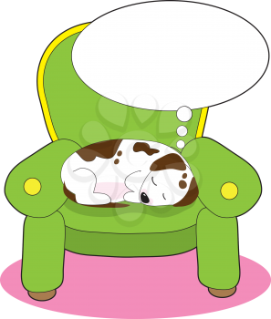 A contented dog is having a dream, while asleep on a green easy chair.