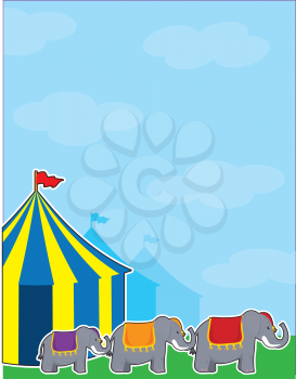 A background with a big sky, colorful circus tents and three elephants.