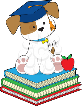 A cute puppy wearing a graduate cap, is sitting atop a stack of three books, beside a red apple. 
