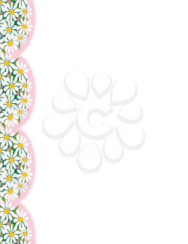 A border with the images of daisies on pink doilies, trailing down the left margin.