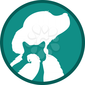 Silhouettes of a bird, cat and dog are set in a concentric manner, one within another, over a green background.