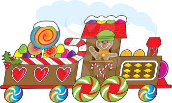 A gingerbread train with a smiling gingerbread engineer is loaded with candy canes, gum drops and lollipops and rushing towards the Christmas season.