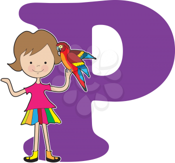 A young girl holding a parrot to stand for the letter A