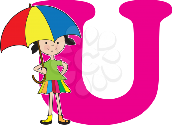 A young girl holding an umbrella to stand for the letter U