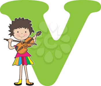 A young girl holding a violin to stand for the letter V