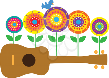 Royalty Free Clipart Image of a Ukulele With Flower and a Bluebird