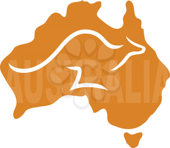 A stylized map of Australia with a kangaroo running across it - the word Aistralia is written on the map