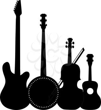 A group of silhouetted stringed instruments including an electric guitar, a banjo, a violin and a ukulele