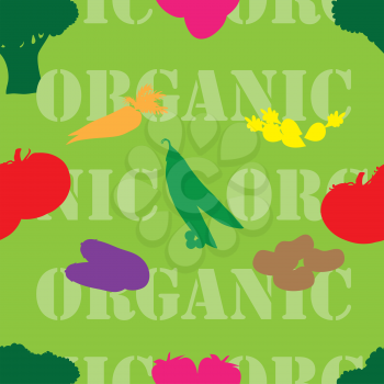 A seamless swatch featuring the word organic and silhouettes of brocolli,broccoli,carrots,eggplants,radishes,potatoes,strawberries and peas