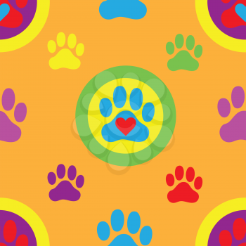 A seamless swatch of a colorful pawprint and heart pattern