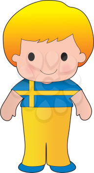 A smiling, well dressed young lad wears clothing representative of Sweden.