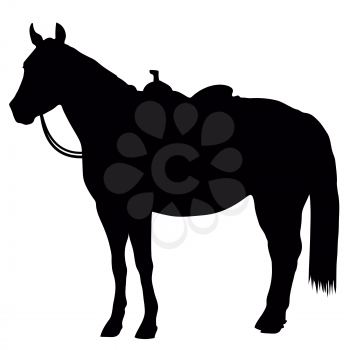 A black silhouette of a standing horse wearing a western saddle