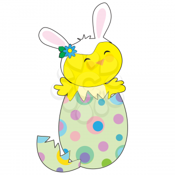 A little chick popping out of a spotted Easter egg wearing a hat with bunny ears