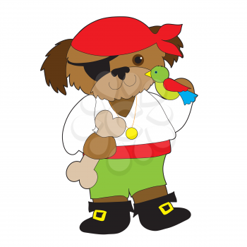 A dog dressed as a pirate has a parrot on one shoulder and is holding a large dog bone