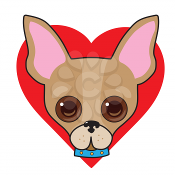 A cute illustration of a Chihuahua face with a red heart in the background