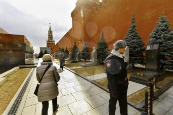 Moscow, Russia- April 19 2015: Views of burials and Mausoleum at The Kremlin Wall Necropolis. It was designated a protected Landmark in 1974.