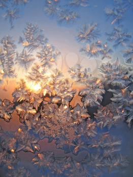frosty natural pattern and sun on winter window