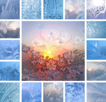 Collage of ice patterns on winter glass