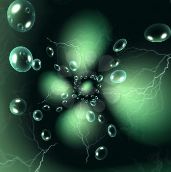 Magic green background with transparent bubbles and lightning