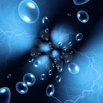 Abstract blue background with transparent bubbles and lightning