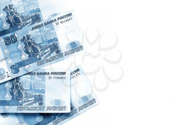 Russian rubles banknotes, white and blue abstract background
