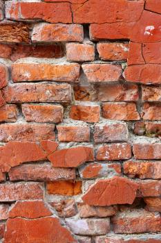 Close-up of old crumbling brick wall texture