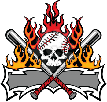 Royalty Free Clipart Image of Fire, a Skull and Baseball Bats