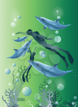 Royalty Free Clipart Image of a Diver Swimming With Dolphins