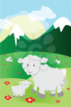 Royalty Free Clipart Image of Sheep on a Mountain